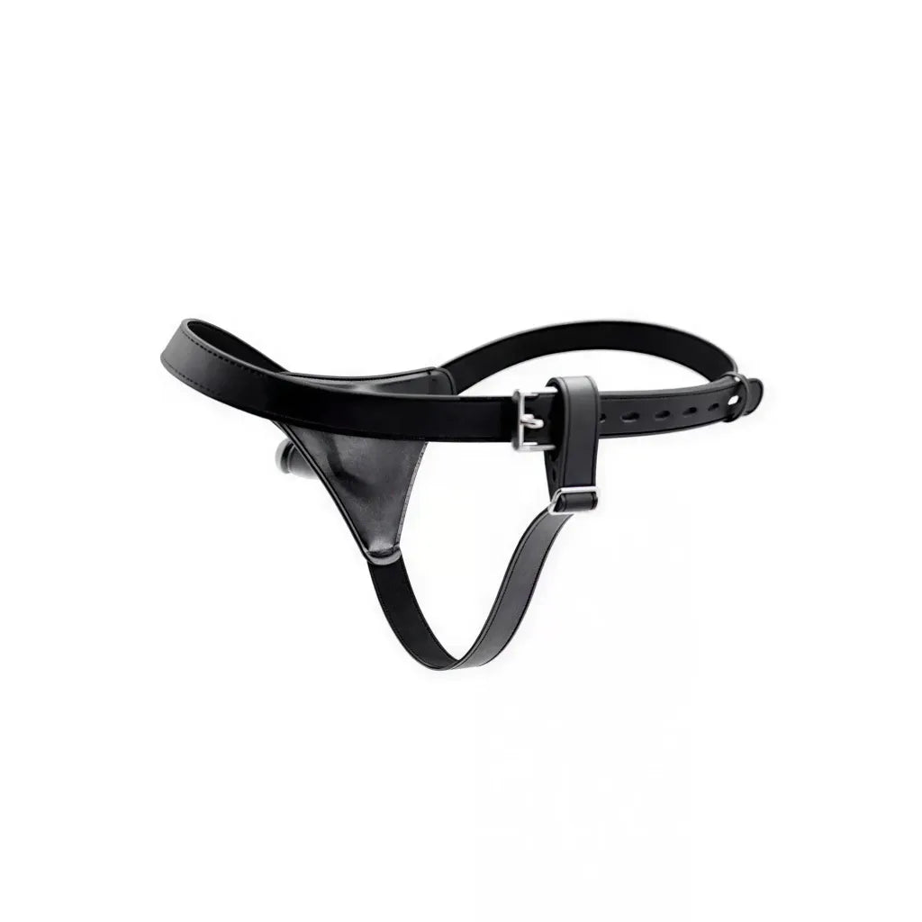 Black Kinki strap-on with adjustable straps and a smooth harness design, suitable for various sizes.