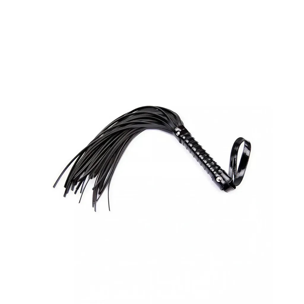 Black leather flogger on a white background