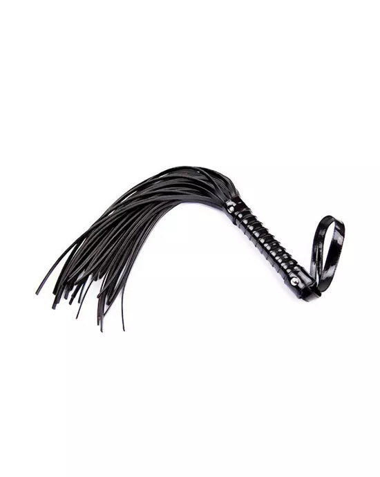 Black leather flogger on a white background