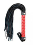 Black leather BDSM whip with a red handle on a white background
