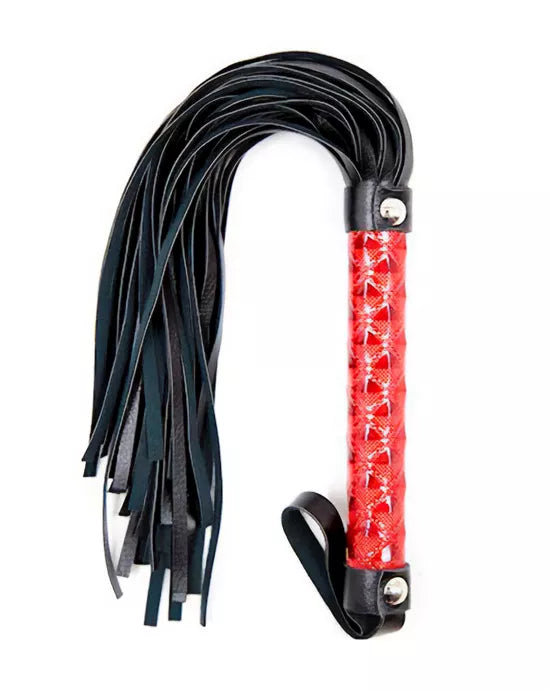 Black leather BDSM whip with a red handle on a white background