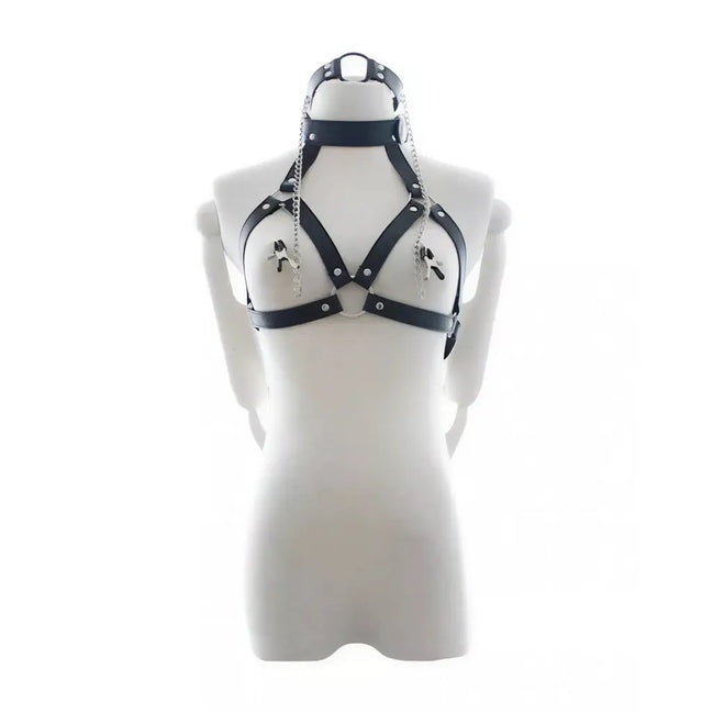 Black bondage harness with nipple clamps, displayed on a mannequin torso against a white background.