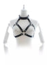 Black leather harness on a mannequin against a white background