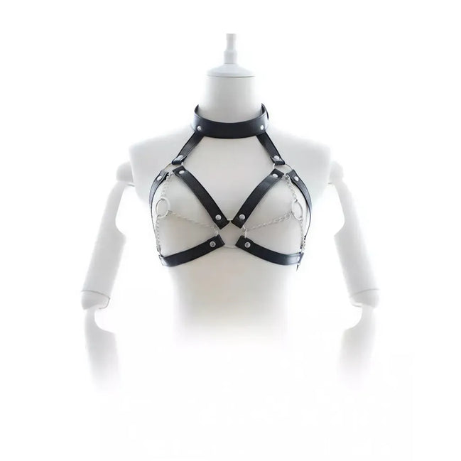 Black leather harness on a mannequin against a white background