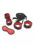 Share Satisfaction Kinki bed restraint set featuring black and red straps, cuffs, and a mask for secure restraint.