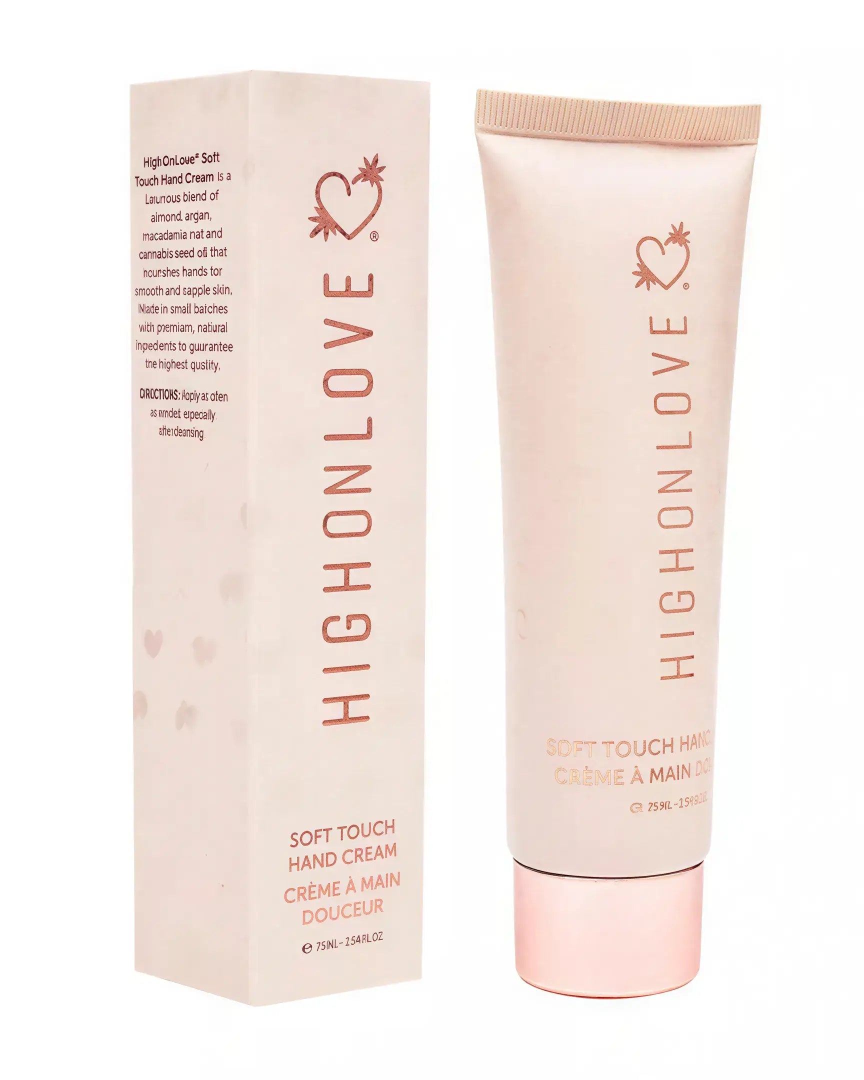 High On Love luxe hand cream in a pink tube, with a matching box featuring heart designs and product details.