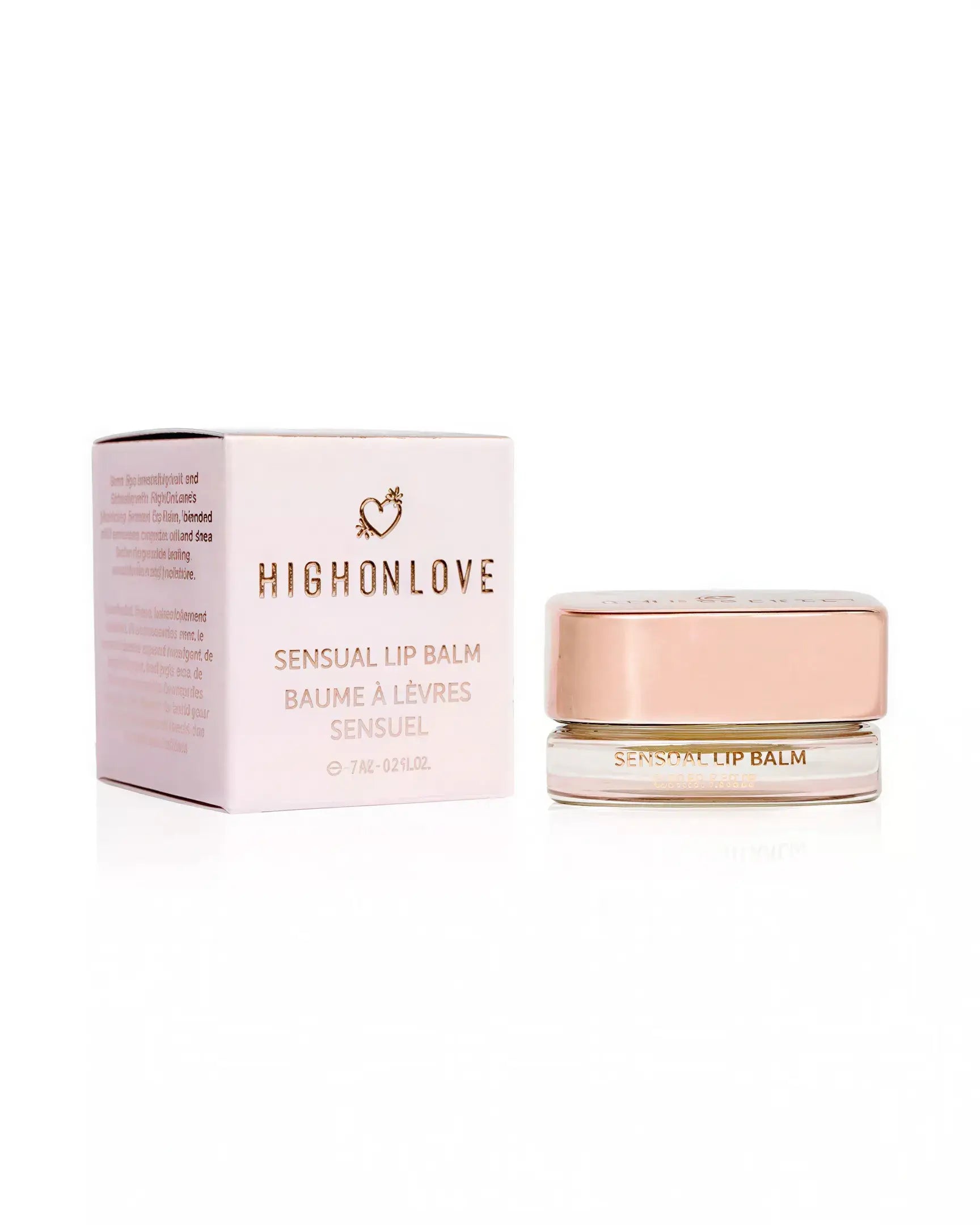 High On Love couples lip balm in a clear jar with a gold lid, placed beside a white box with brand logo and product details.
