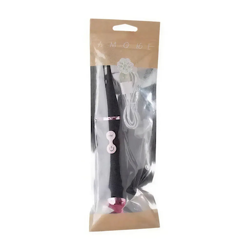 Amore stimulator pen vibrator in black packaging with a pink accent and white charging cable visible.