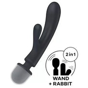Satisfyer Triple Lover in black, featuring a dual-action design with a wand and rabbit attachment.