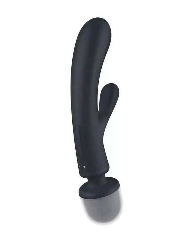 Satisfyer Triple Lover in black, featuring a curved design with a rounded tip and a smaller side arm for stimulation.