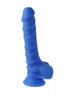 Nood Colours dual density silicone dildo in blue, featuring a realistic shape and suction base for stability.