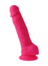 Nood Colours dual density silicone dildo in bright pink, featuring a realistic shape and suction base for stability.