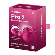 Satisfyer Pro 2 Classic Blossom in a pink box, featuring liquid air technology and waterproof design.