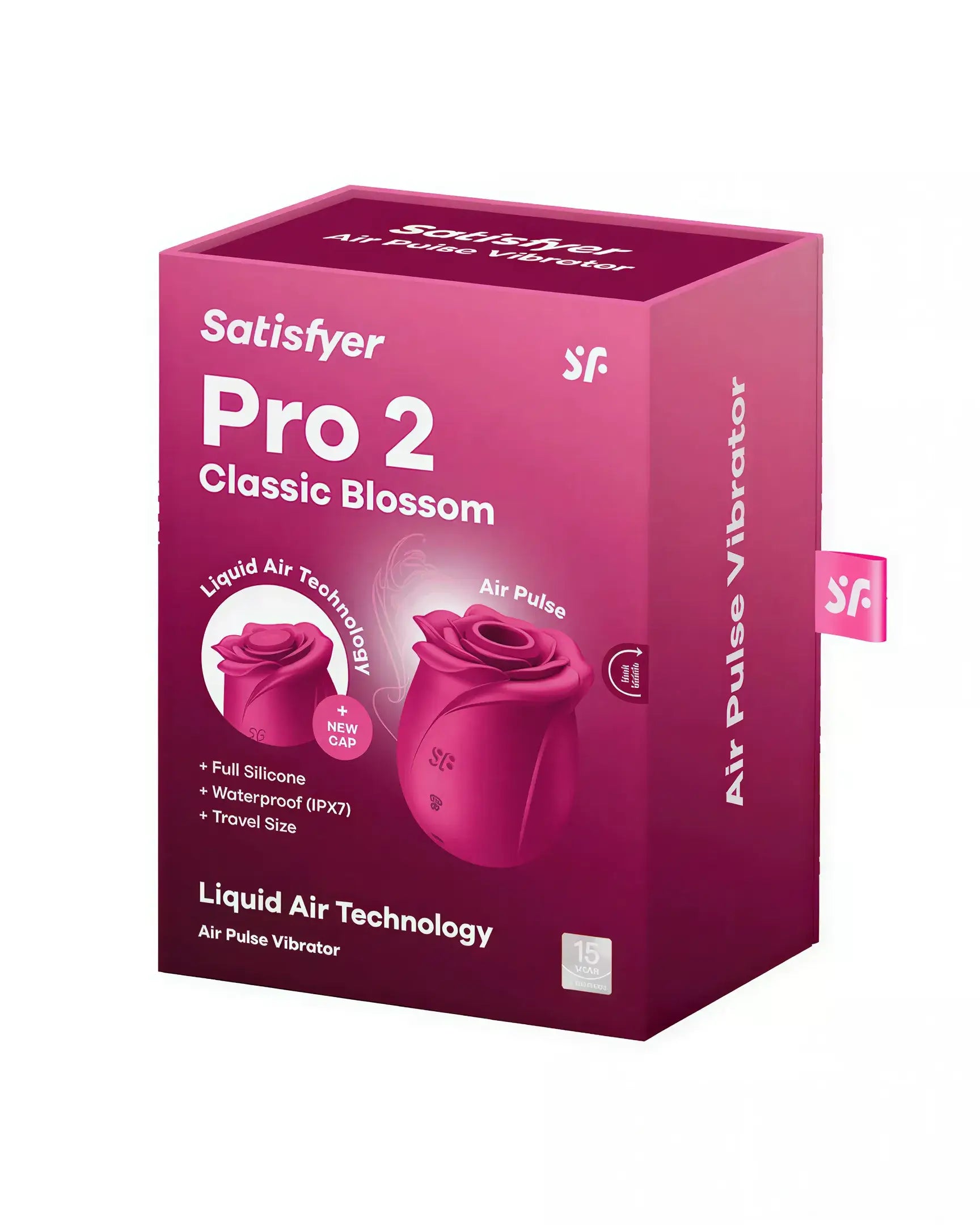 Satisfyer Pro 2 Classic Blossom in a pink box, featuring liquid air technology and waterproof design.