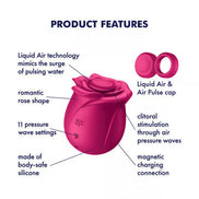 Satisfyer Pro 2 Classic Blossom in rose shape, features liquid air technology, 11 pressure wave settings, and silicone mat...