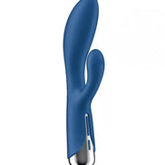 Satisfyer Spinning Rabbit 1 in blue silicone with a curved design and dual stimulation features.