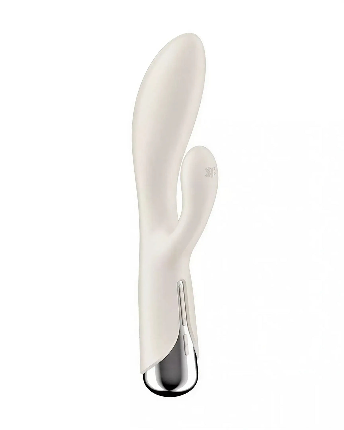 Satisfyer Spinning Rabbit 1 in white with a sleek design and silver accents, featuring dual stimulation points.