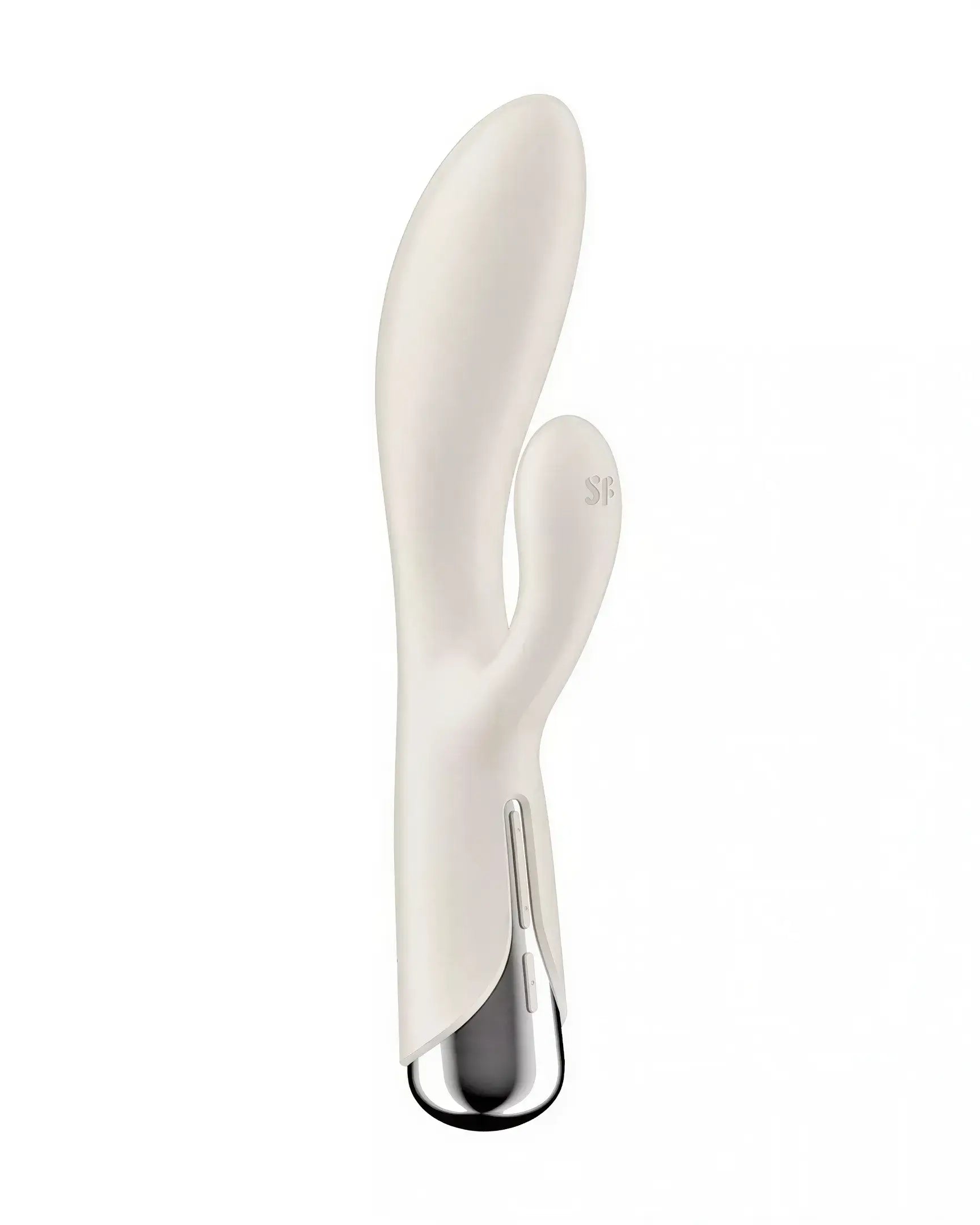 Satisfyer Spinning Rabbit 1 in white with a sleek design and silver accents, featuring dual stimulation points.