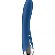 Satisfyer Spinning Vibe 1 in blue with a sleek design and silver tip, displayed at an angle.