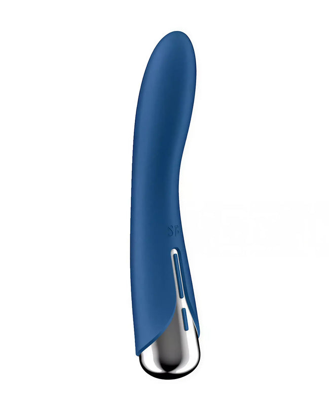 Satisfyer Spinning Vibe 1 in blue with a sleek design and silver tip, displayed at an angle.