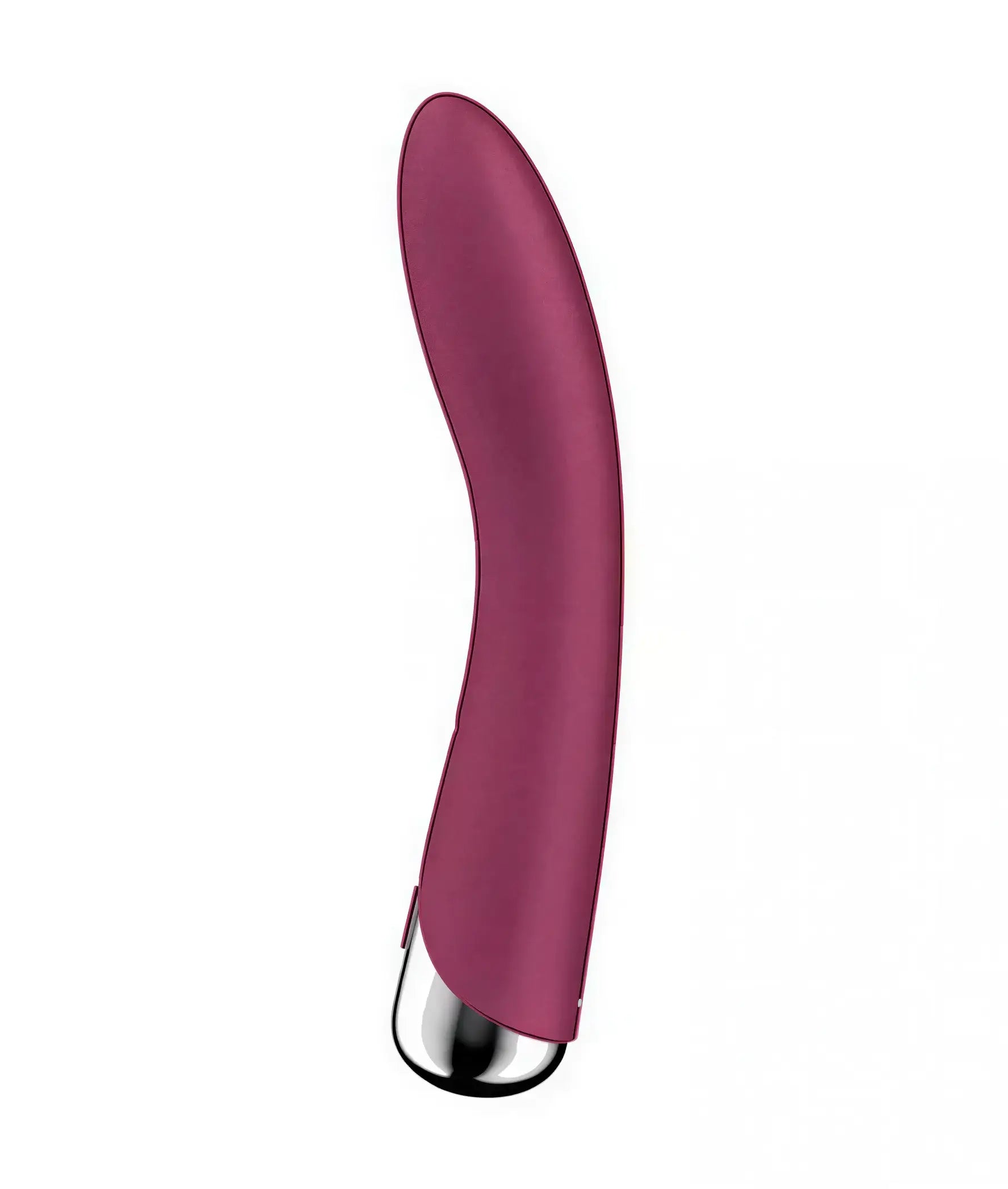 Satisfyer Spinning Vibe 1 in a curved design, featuring a smooth burgundy silicone body and a metallic base.