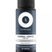 Herbal Ignite Him dietary supplement bottle with a dark blue label, featuring white circle logo and text, 90 capsules.