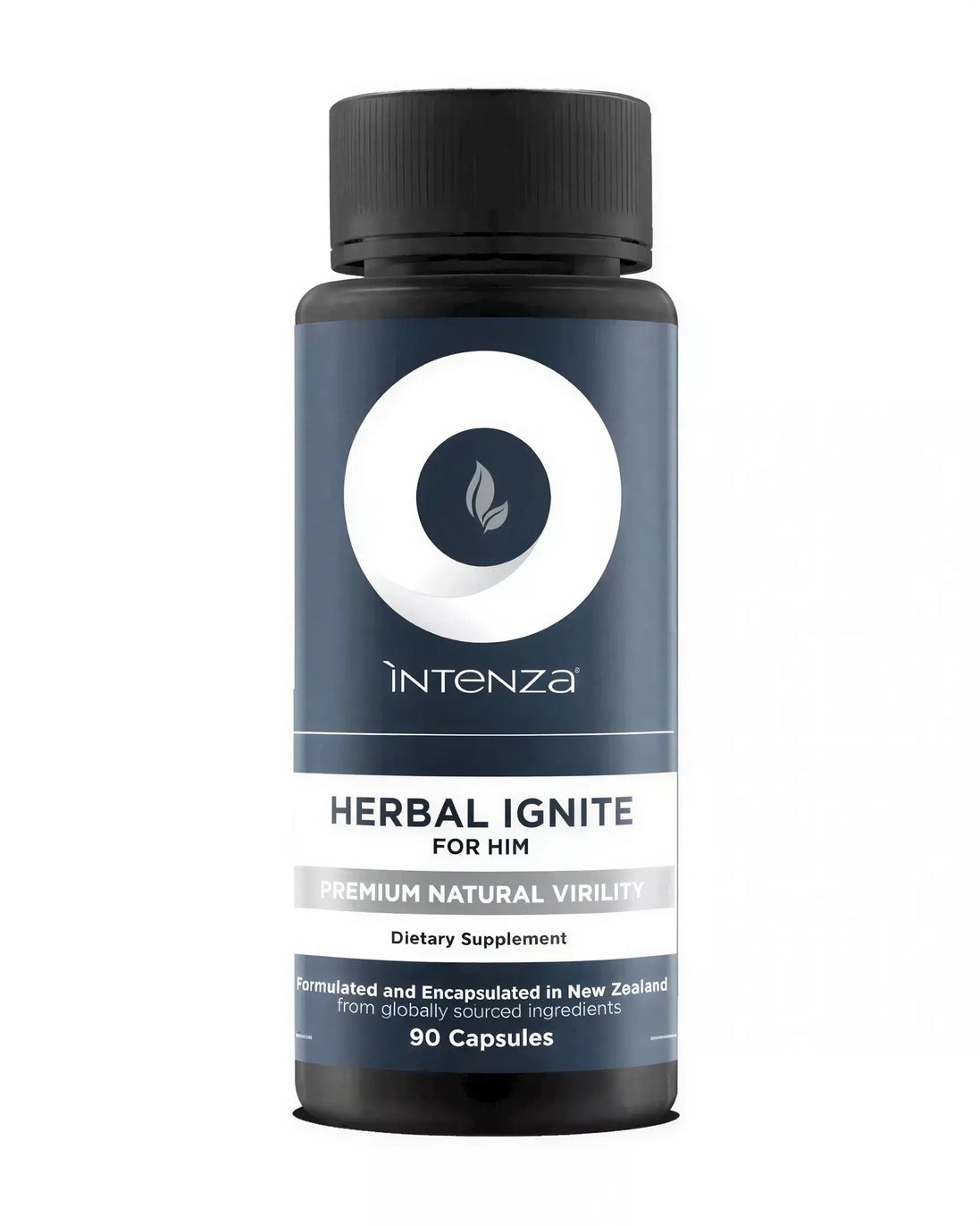 Herbal Ignite Him dietary supplement bottle with a dark blue label, featuring white circle logo and text, 90 capsules.