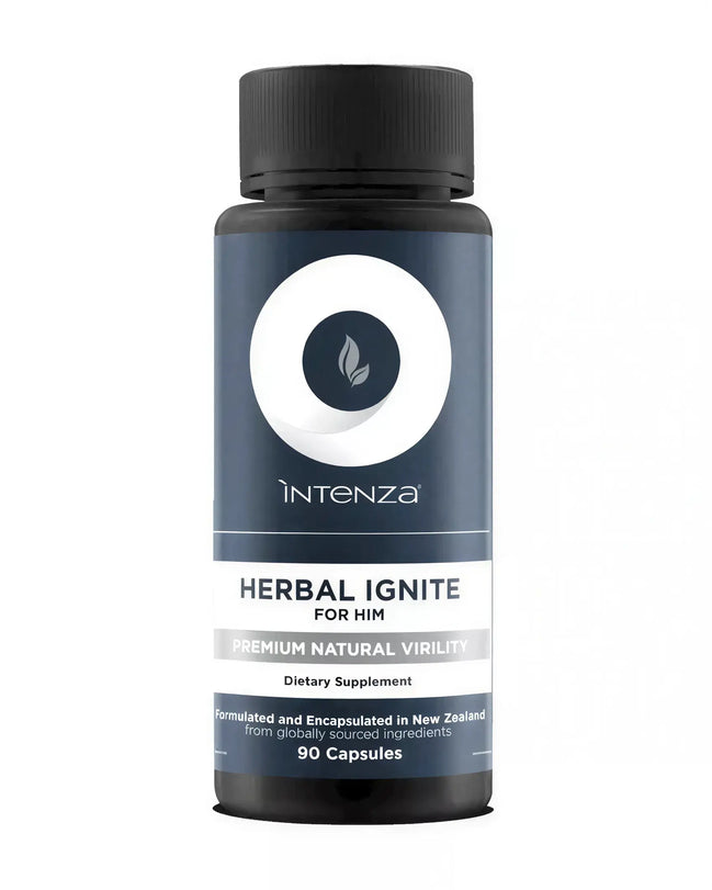 Herbal Ignite Him dietary supplement bottle with a dark blue label, featuring white circle logo and text, 90 capsules.