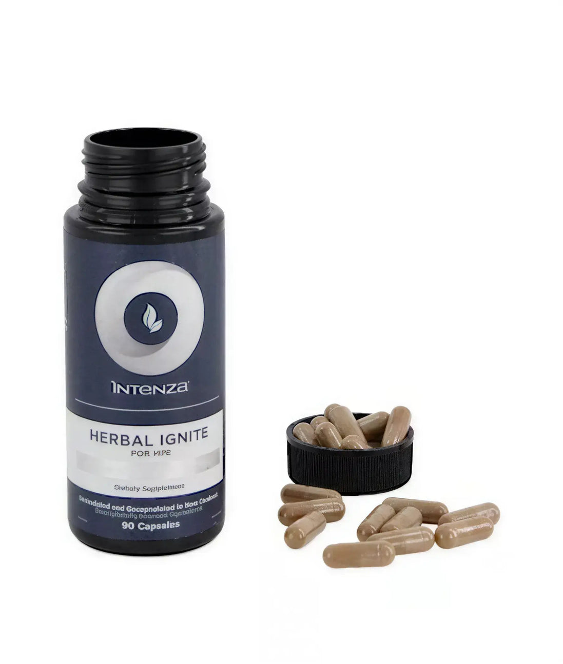 Herbal Ignite Him capsules in a black bottle with a white label, alongside several capsules on a white surface.