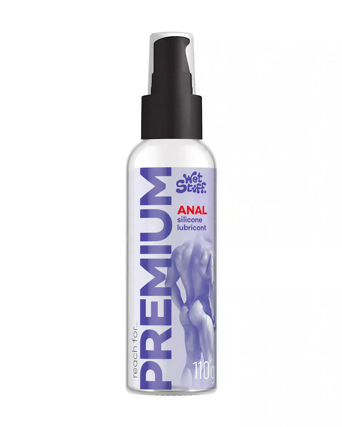 Wet Stuff Premium silicone lubricant 110g pump bottle with a sleek design and clear labeling on a white background.