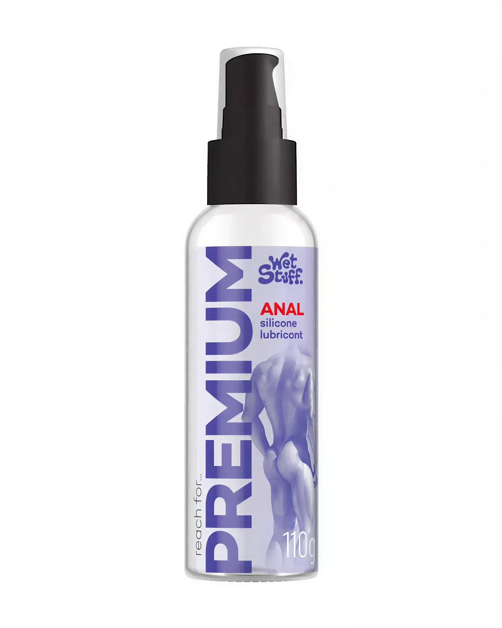 Wet Stuff Premium silicone lubricant 110g pump bottle with a sleek design and clear labeling on a white background.