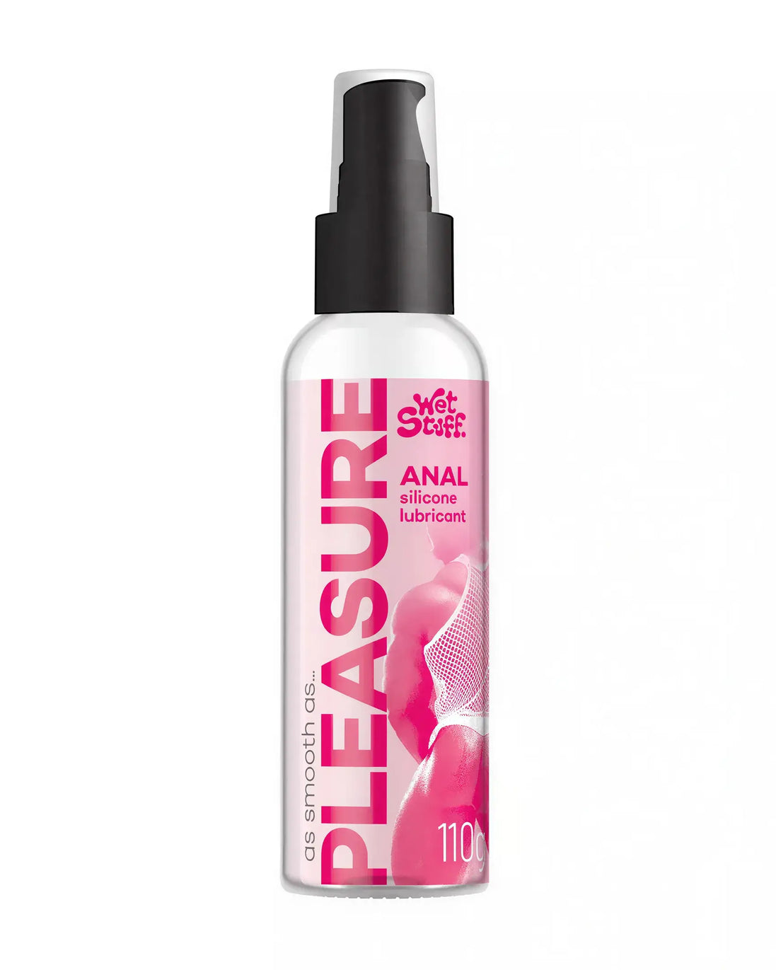 Wet Stuff Pleasure silicone lubricant 110g pump bottle with pink label and black pump top.