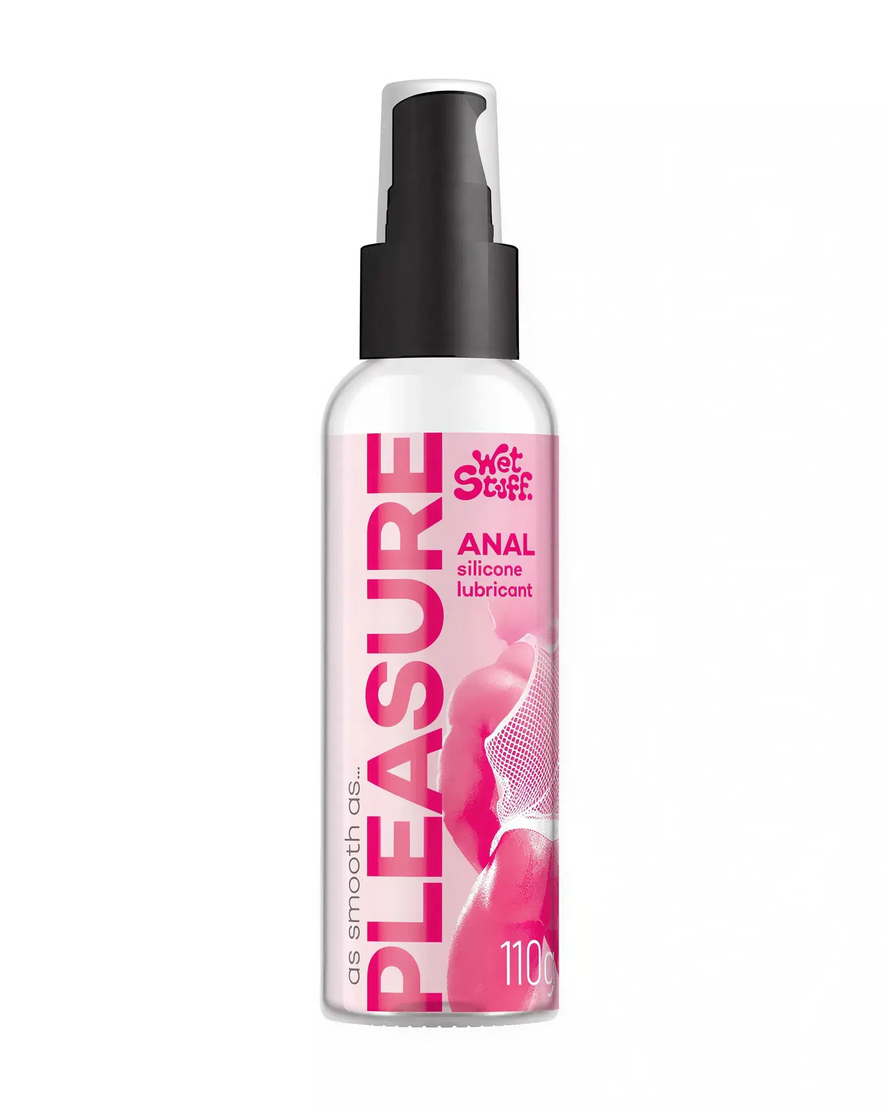 Wet Stuff Pleasure silicone lubricant 110g pump bottle with pink label and black pump top.