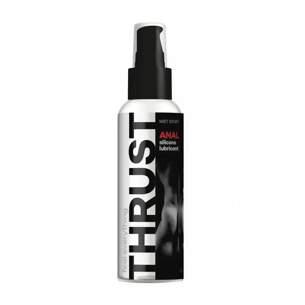 Wet Stuff Thrust silicone lubricant 110g pump bottle with black and silver design, featuring the word "THRUST" prominently.