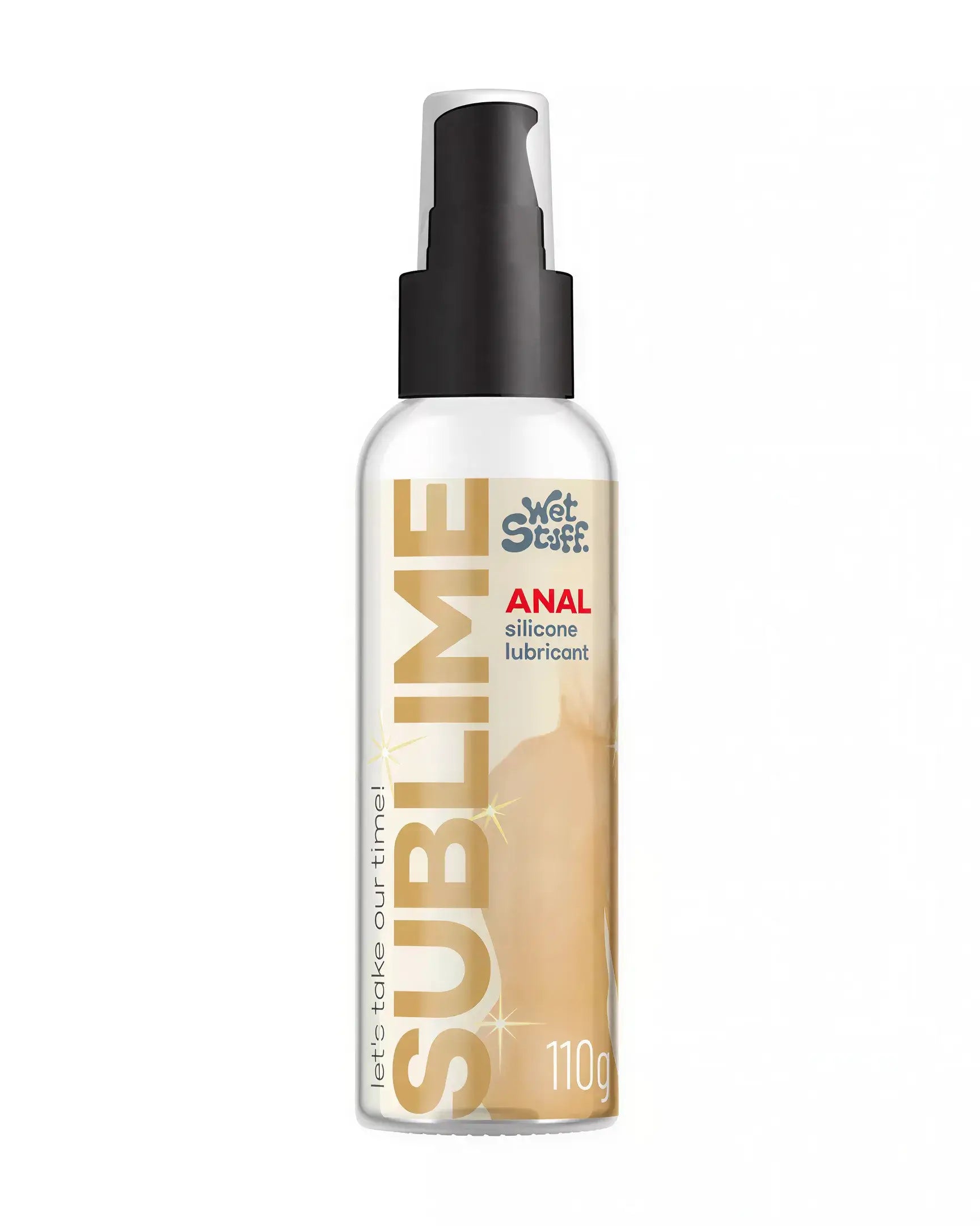 Wet Stuff Sublime silicone lubricant 110g pump bottle with a clear design and gold accents.