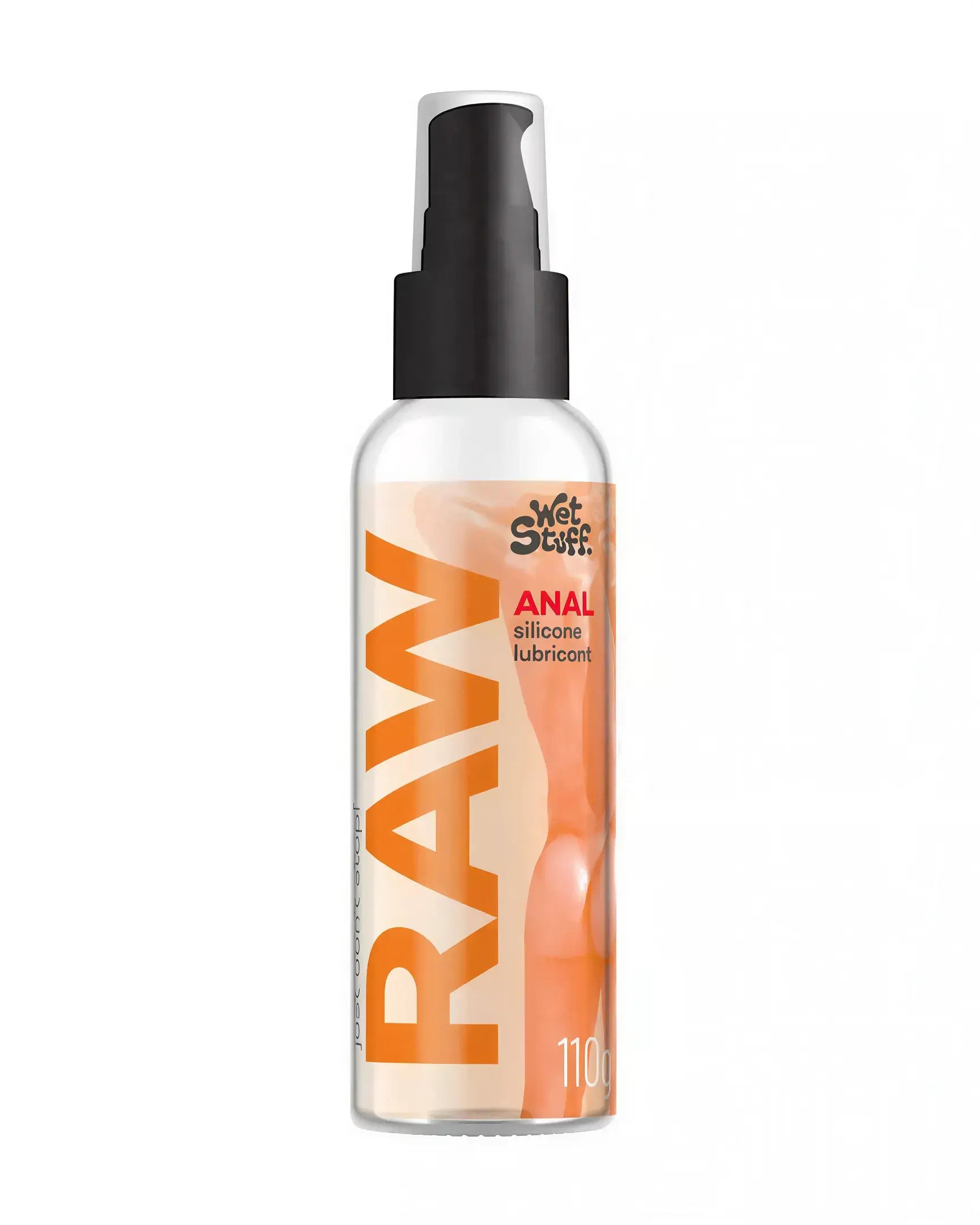 Wet Stuff Raw silicone lubricant 110g with pump top, featuring a clear bottle and orange label with text.