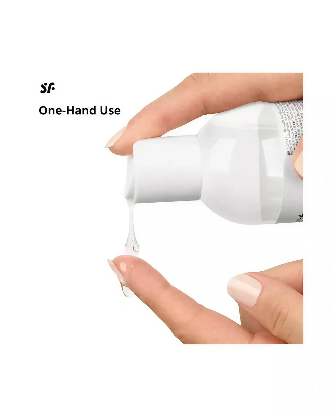 Satisfyer Juicy Lubricant, 300ml bottle being squeezed with a drop forming on a fingertip.