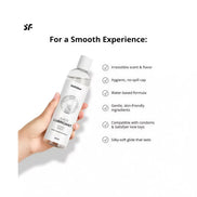 Satisfyer Juicy Lubricant 300ml bottle with a white label and a clear cap, featuring product details and benefits.