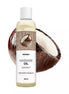 Satisfyer coconut massage oil 250ml bottle next to a halved coconut shell.
