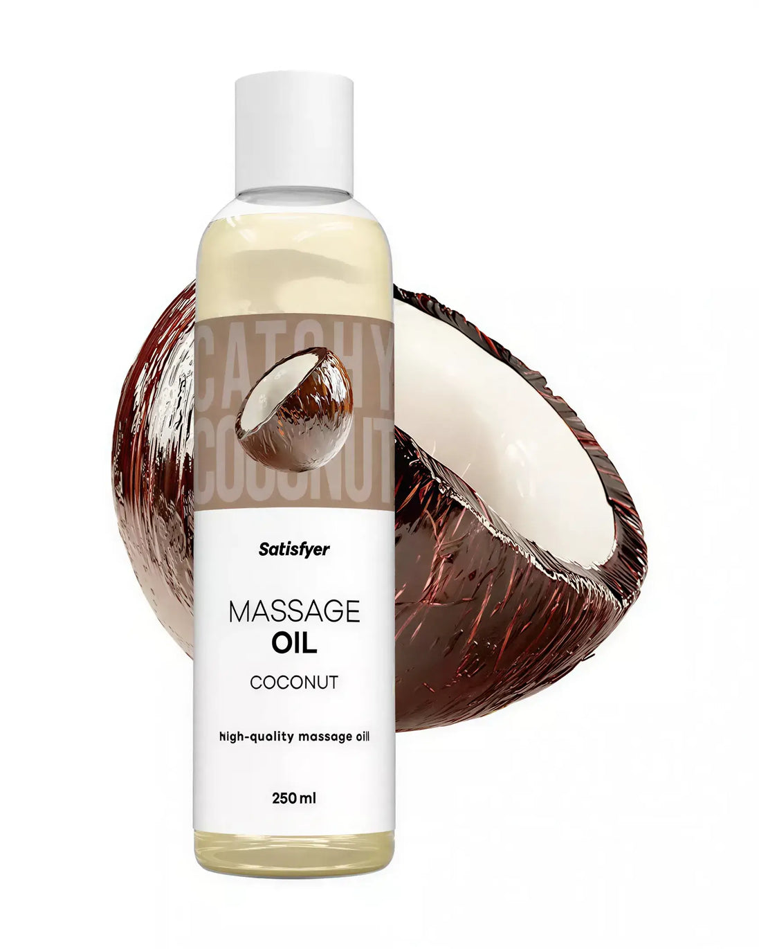 Satisfyer coconut massage oil 250ml bottle next to a halved coconut shell.