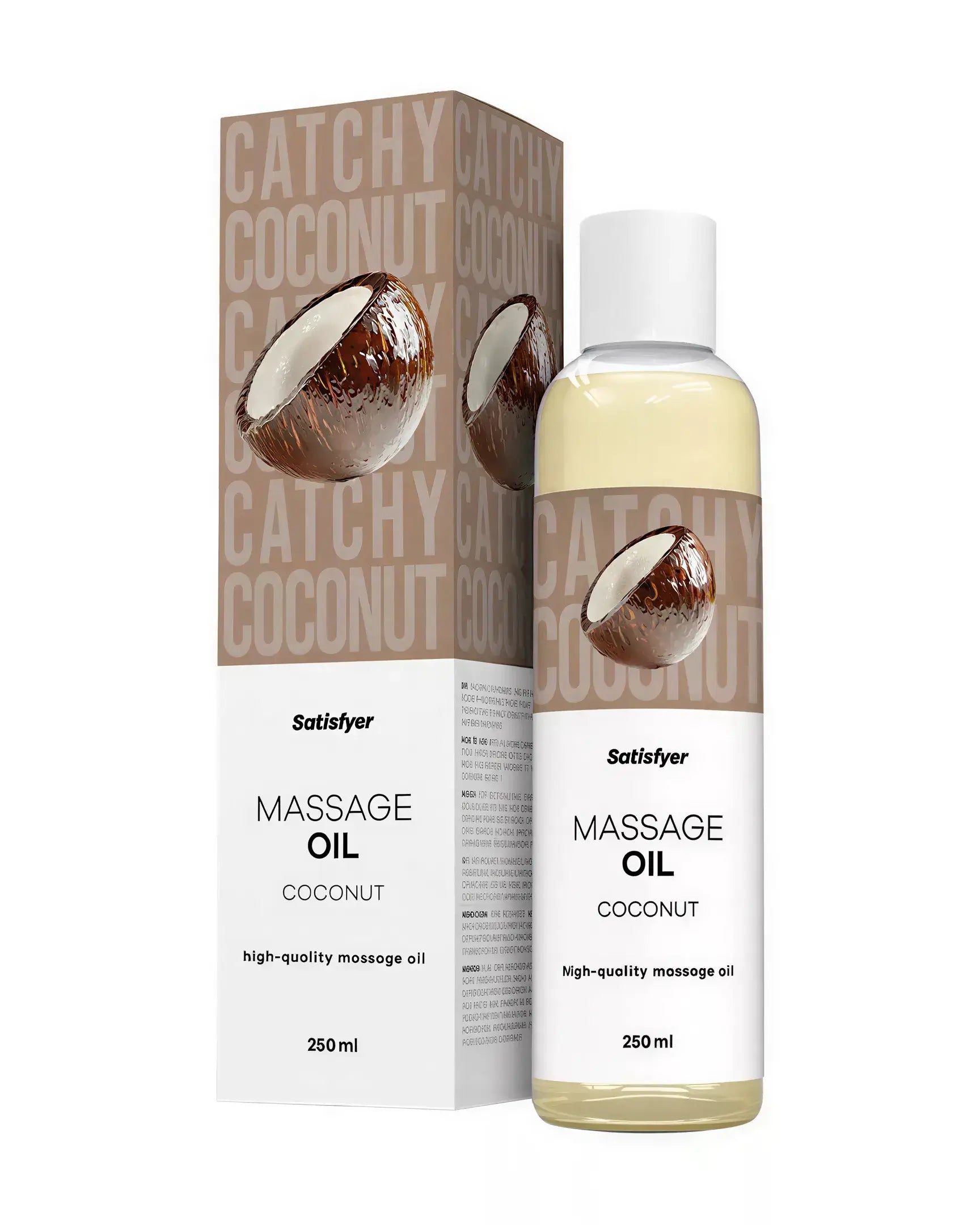 Satisfyer coconut massage oil in a 250ml bottle with a brown and white label, displayed beside its packaging.