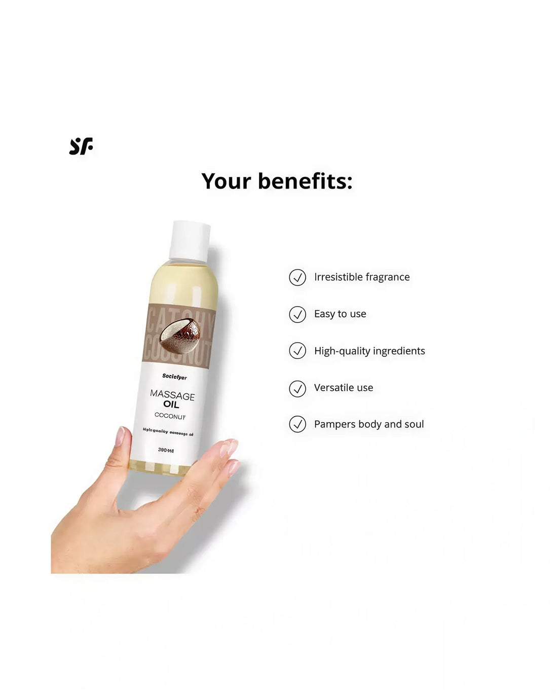 Satisfyer coconut massage oil bottle held in hand, featuring a white label with benefits listed and a light background.