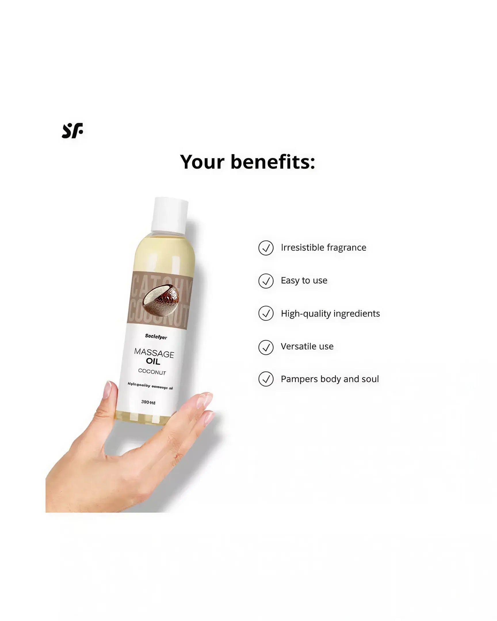 Satisfyer coconut massage oil bottle held in hand, featuring a white label with benefits listed and a light background.