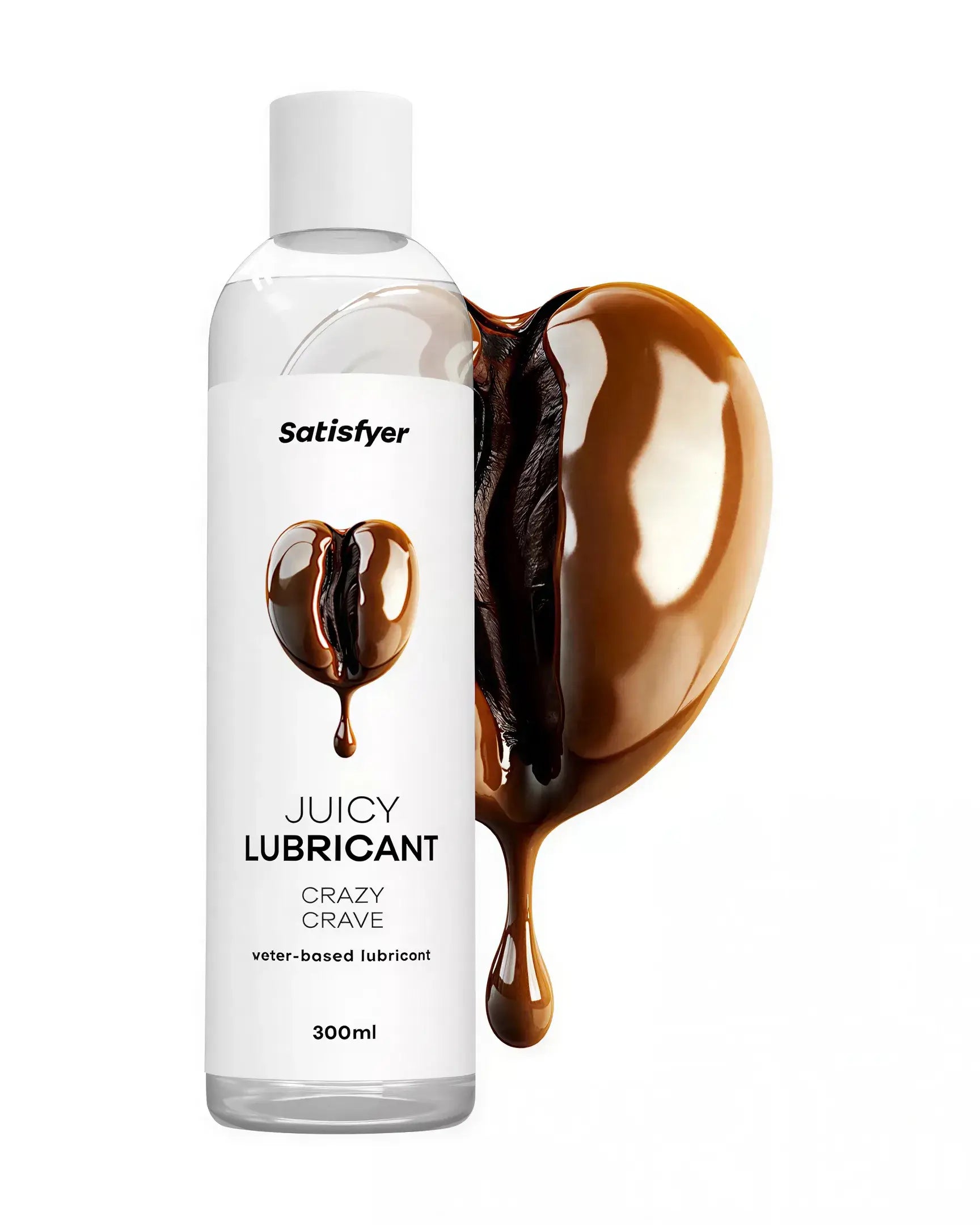 Satisfyer Juicy Lubricant, 300ml bottle with a heart-shaped splash, featuring a water-based formula.