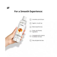 Satisfyer Juicy Lubricant 300ml in a clear bottle with a creamy caramel label and a white cap.