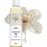 Satisfyer massage oil in a clear bottle with a jasmine flower, labeled 250ml, against a white background.