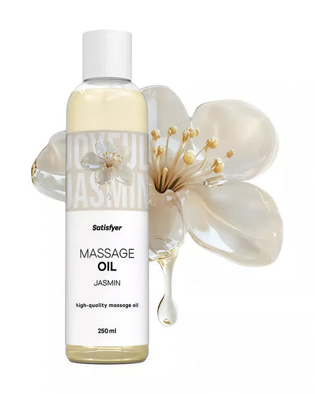 Satisfyer massage oil in a clear bottle with a jasmine flower, labeled 250ml, against a white background.