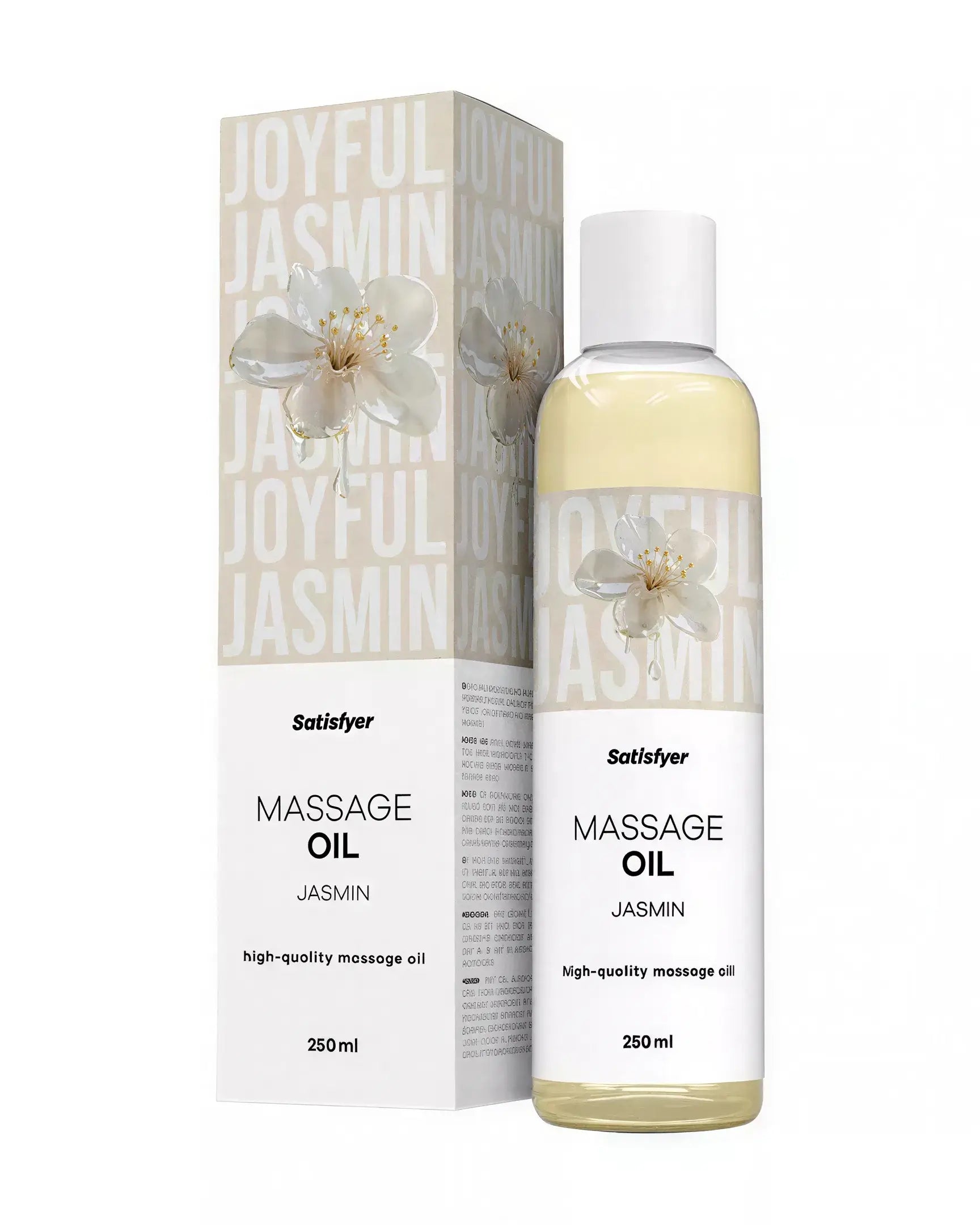 Satisfyer massage oil in a 250ml bottle with jasmine flower design on the packaging.