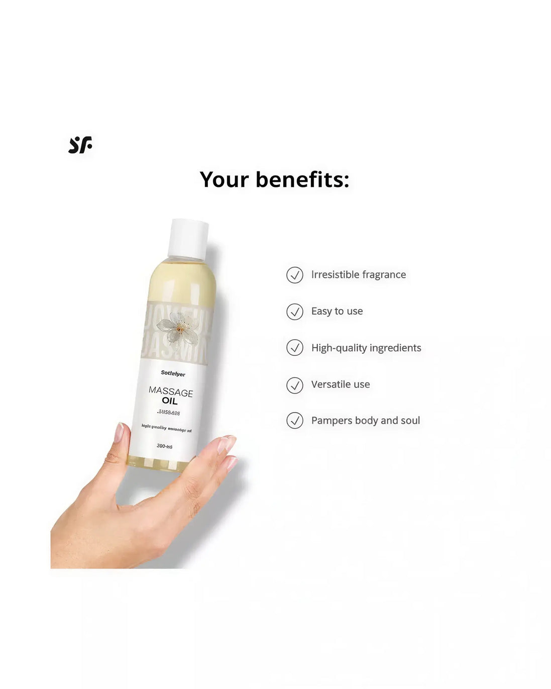 Satisfyer jasmine massage oil bottle held in hand, featuring a light yellow liquid and white label with benefits listed.