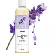 Satisfyer lavender massage oil bottle with a purple lavender flower and drops, 250ml size.